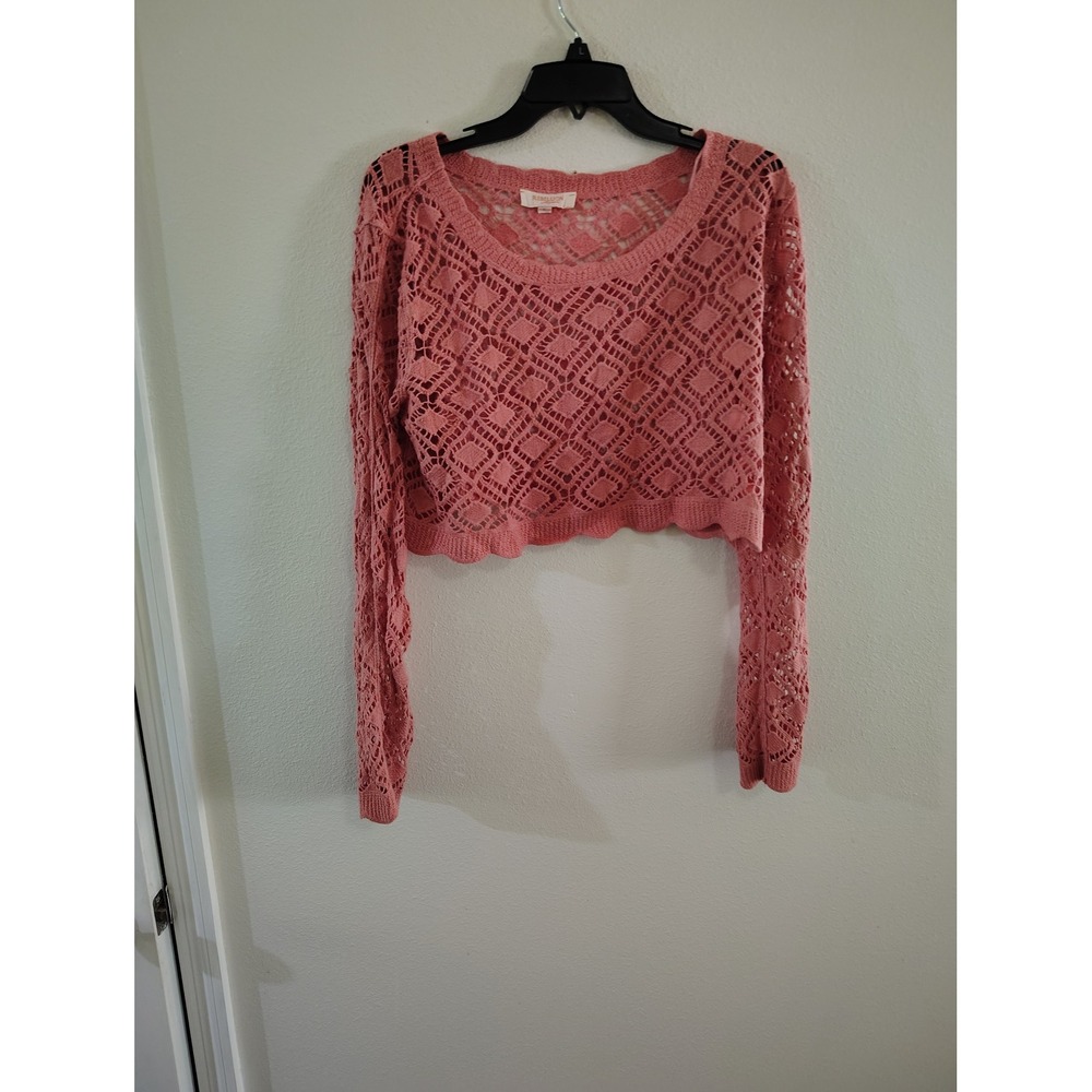 Rebellion Again Womens Pink Crochet Knit Cropped Sweater Diamond Open Weave L
